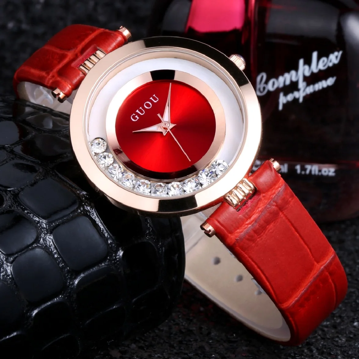 

High Quality GUOU Brand Hot Sales Women Rolling Drill Watches Luxury Quicksand Real Leather Gift Watch Rhinestone Wristwatches