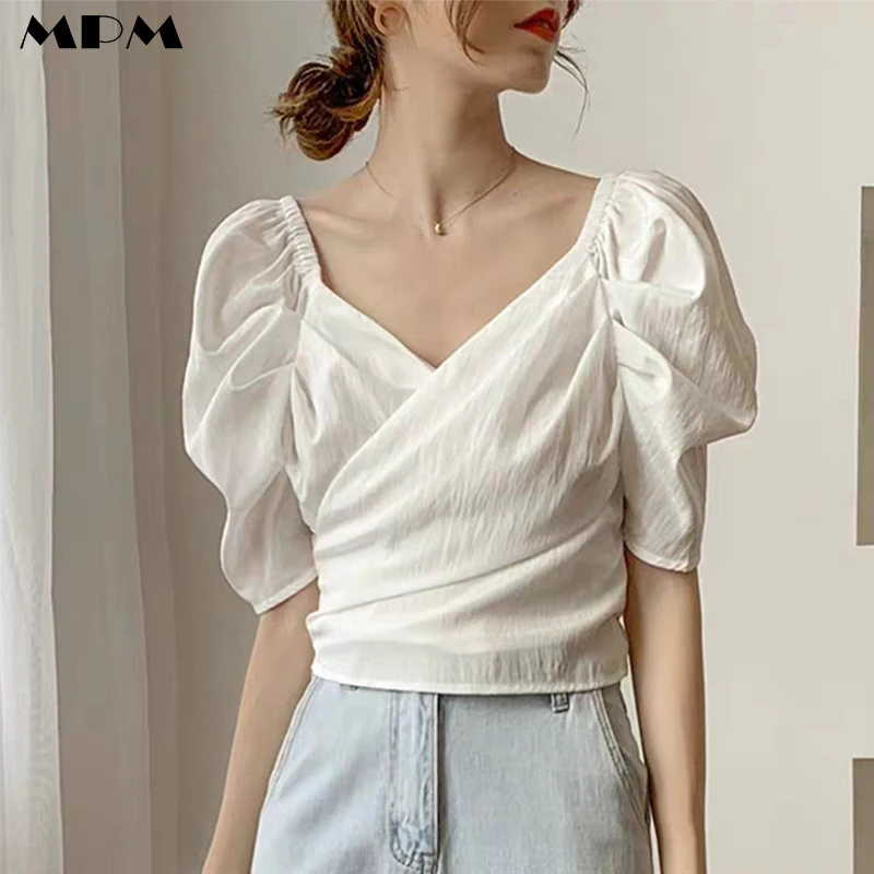 Elegant Ladies Chiffon Shirt Loose Fashionable Puff Sleeve V-Neck Solid Top Casual Women's Blouse 2022 Summer New