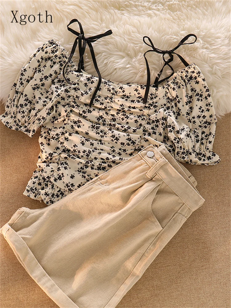 

Xgoth Y2k Shorts Set Women Floral Chiffon Shirt + Denim Shorts Drawstring Crop Tops + Short Zipper Pant Two-piece Jump Suit