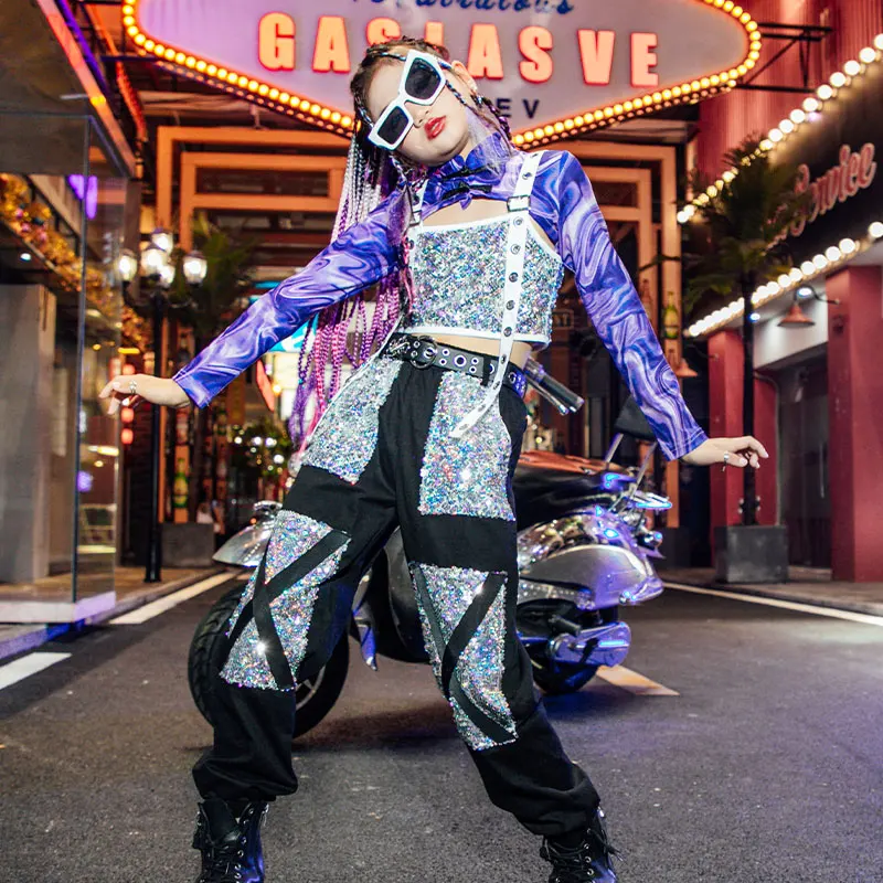 

Одежда в стиле K-POP в стиле хип-хоп, Детские Топы с длинным рукавом для джазовых танцев, яркие праздничные современные уличные танцевальные с...