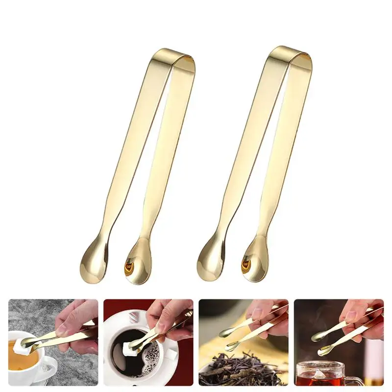

2Pcs Stainless Steel Mini Sugar Cube Clips Ice Cube Clips Tea-bag Tongs (Gold)