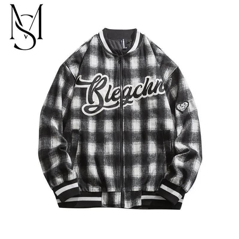 

MS Woven plaid jacket Men's Spring and Autumn Fashion American style retro loose trend hip-hop embroidered bomber jacket