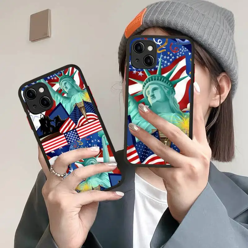 

America USA Flag Statue of Liberty Phone Case for iPhone X XR XS 7 8 Plus 11 12 13 pro MAX 13mini Translucent Matte Case