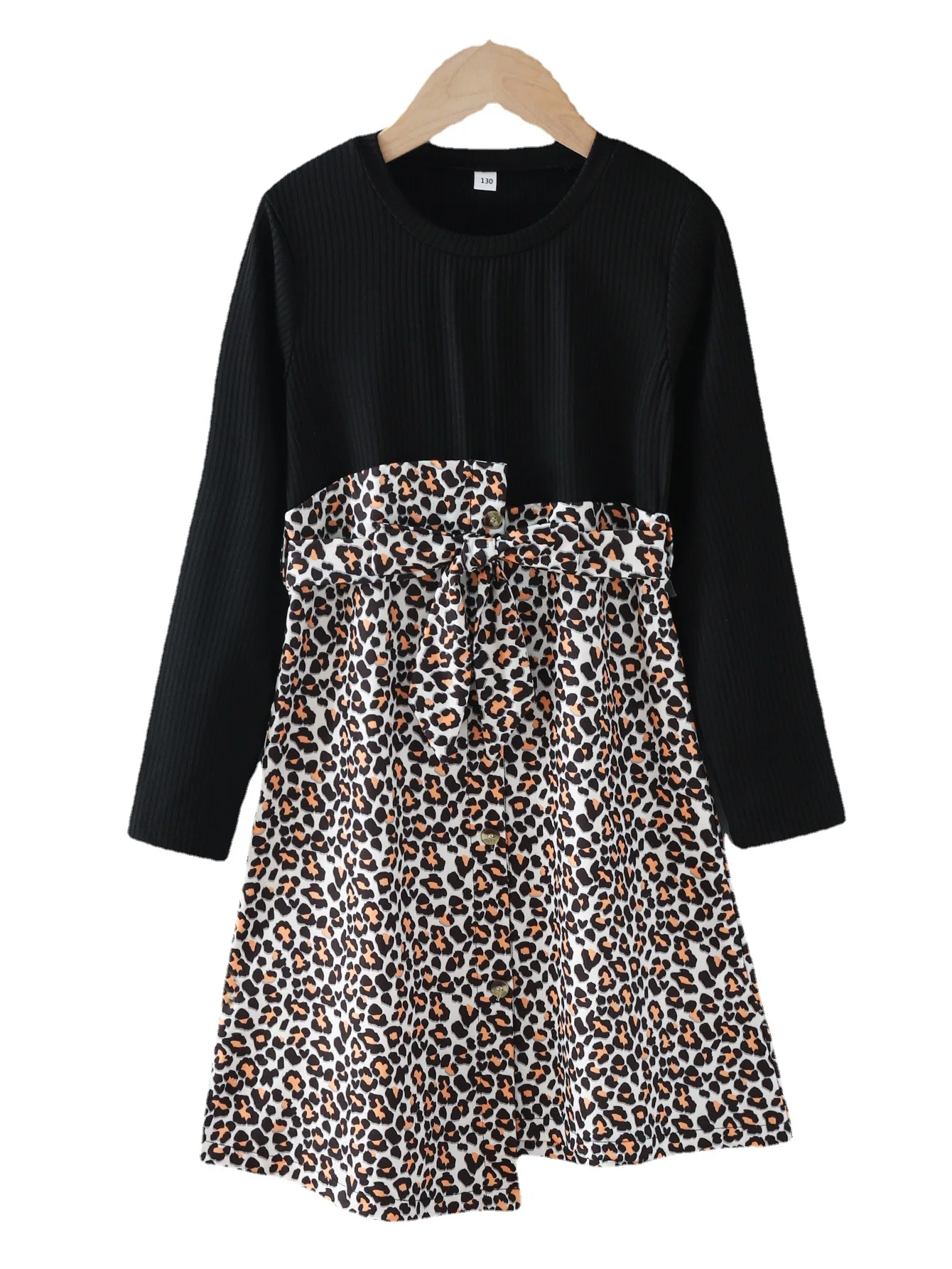 

Children's new long-sleeved dress children's solid color Korean version black stitching spring and autumn fashion leopard print