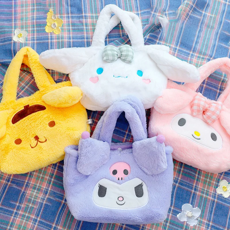 

Sanrioed My Melody Kuromi Cinnamoroll Pompom Purins Cartoon Plush Handbag Cute Harajuku Style Hand Bag Girl Birthday Gift