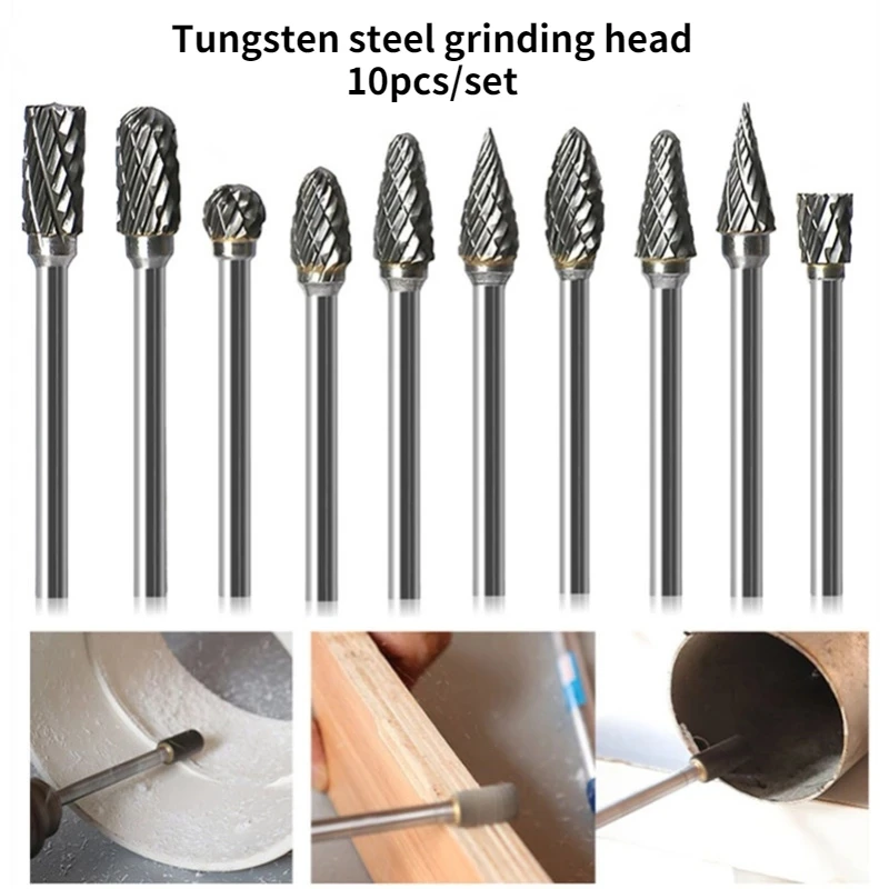 

New 10pc 1/8" Shank Tungsten Carbide Milling Cutter Rotary Tool Burr Double Diamond Cut Rotary Dremel Tools Electric Grinding