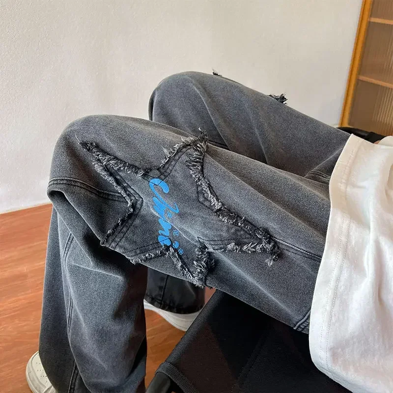 Джинсы мужские прямые со звездами дешевые ковбойские брюки одежда в Корейском