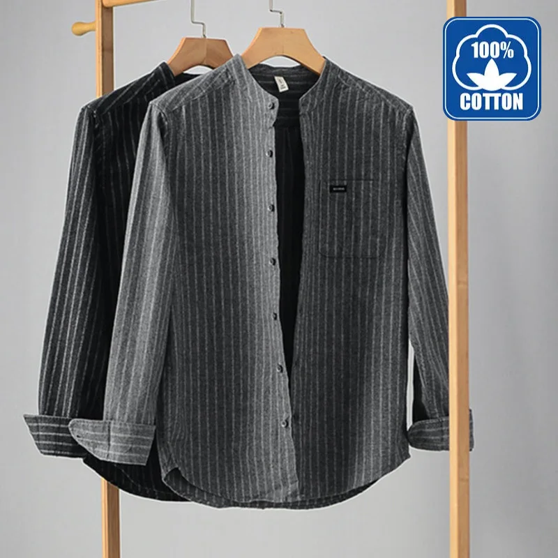 

Мужская хлопковая рубашка в полоску, с воротником-стойкой и длинным рукавом