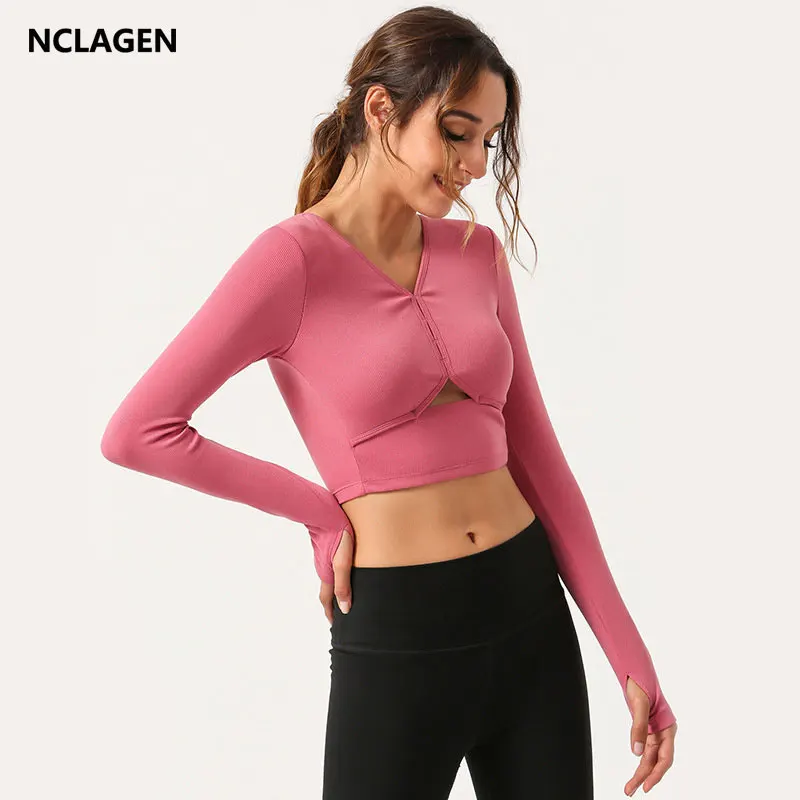 

NCLAGEN Long Sleeve V Neck Shirt Yoga New Sports Tops Gym Women Running Breathable Quick Dry Push-up Sexy Workout Fitness Blouse