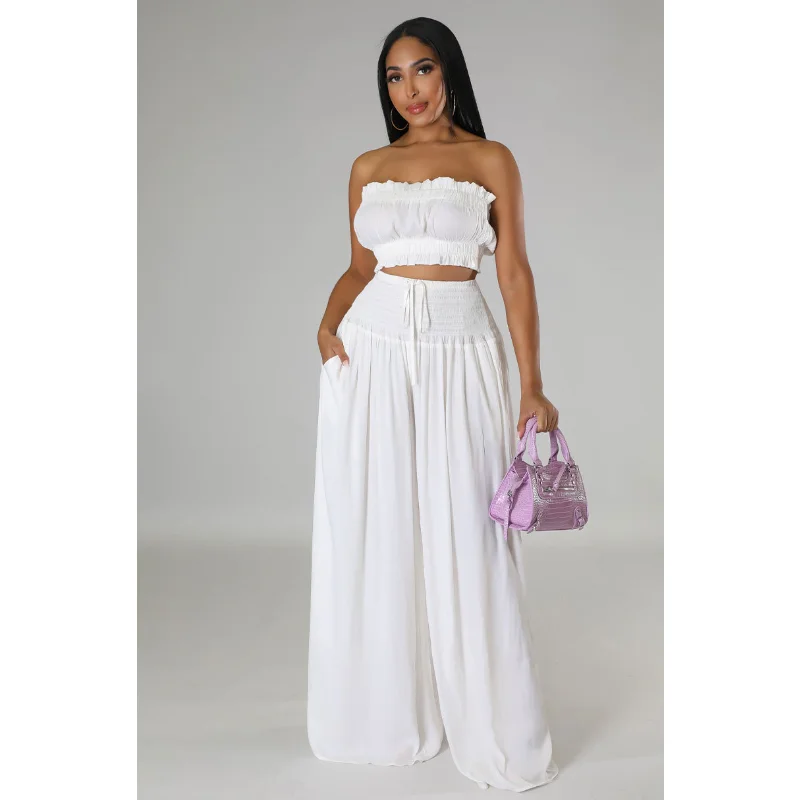 

Casual Solid Pleated Two Piece Set Women Sleeveless Strapless Crop Top High Waist Drawstring Wide Leg Pants Beach Jogger Outfits