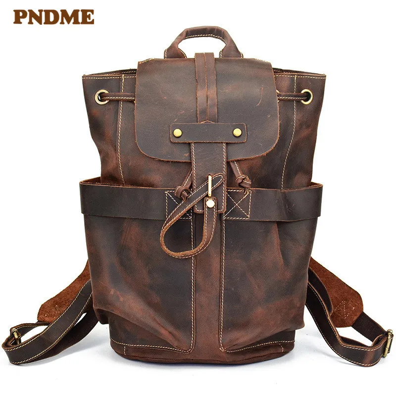 Vintage natural crazy horse cowhide men's backpack outdoor travel personality design genuine leather bagpack student bookbag