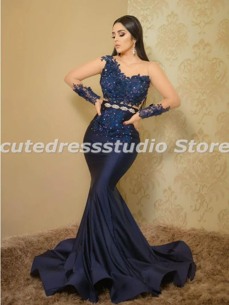

Arabic Dubai Navy Blue Mermaid Evening Dresses For Women Wear Floral Prom Dress Sheer Neck Formal Party Second Reception Gowns