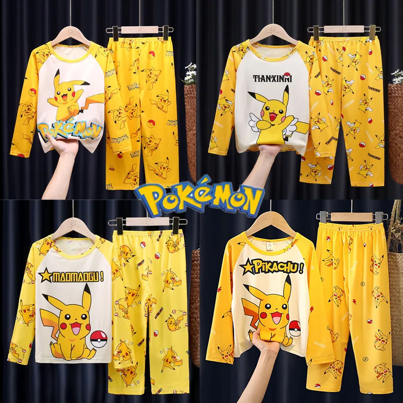 

Pokemon children's pajamas spring and autumn long-sleeved boys girls thin cartoon home clothes set birthday holiday gift