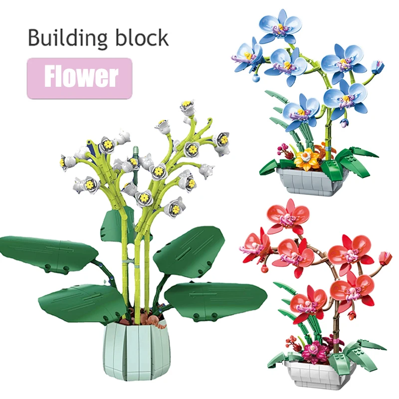 Mini maceta de bloques de construcción de flores DIY, ramo de simulación creativa, bonsái de orquídeas, modelo de adornos, juguete ensamblado para niños, regalo