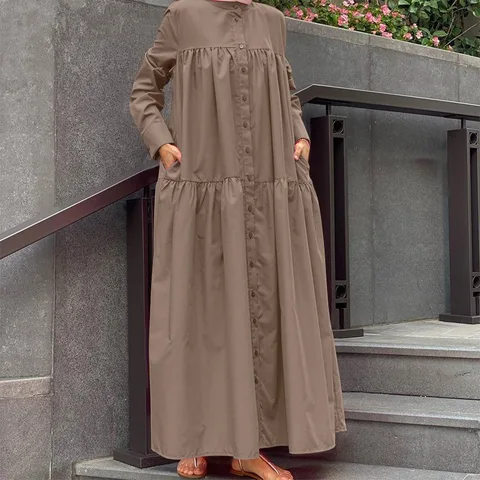 Платье-абайя Muselman женское свободное, Элегантное Длинное однотонное хлопково-льняное платье со стоячим воротником