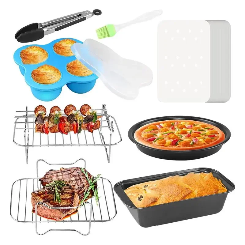

304 Stainless Steel Grill for 8QT Double Pot Double Basket Air-Fryer Accessories with Non-Stick Cake Pan Silicone Mat Baking Cup
