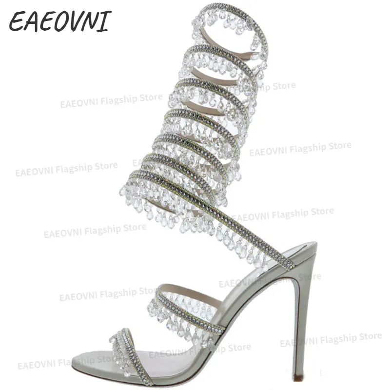 2023 EAEOVNI  Women's New Rhinestone Sandals Fashion Tassel Crystal Shoes Sexy Banquet Party Twining Stiletto Women's Sandals