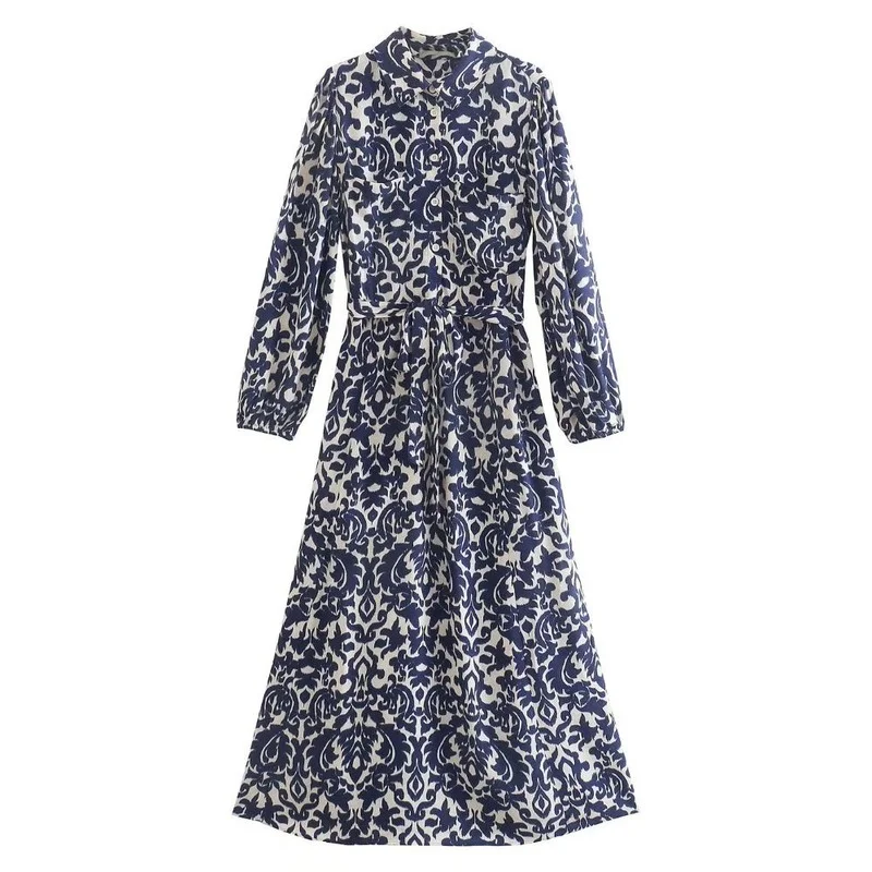 

Vestidos Mujer Korean Robe Longue Femme Robe 2022 Belt Printed Fashion Vintage Long Sleeve Button-up Female Midi Dress Women