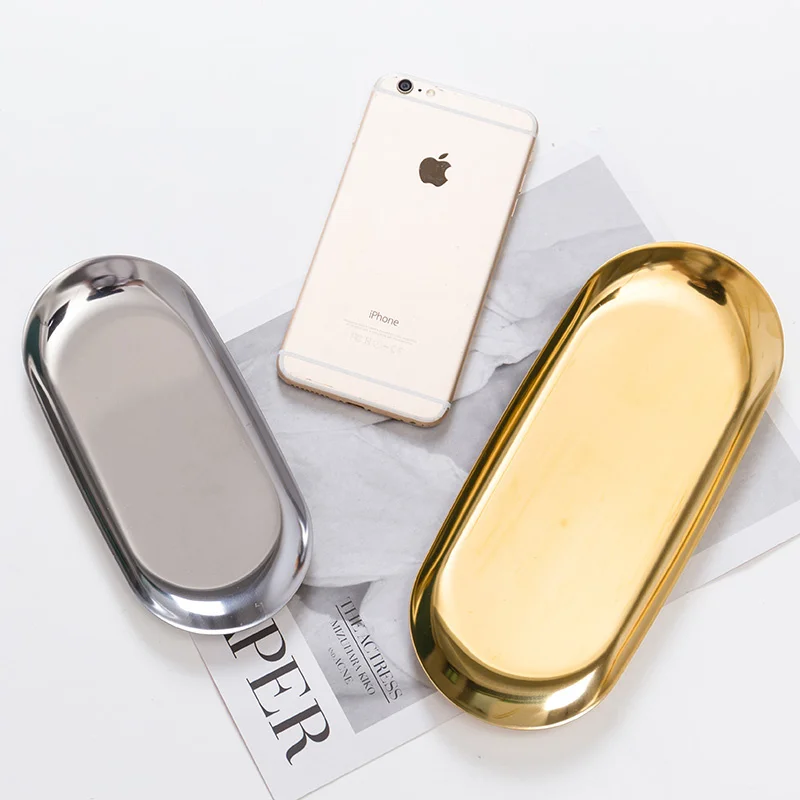 Nordic Desktop Storage Golden Stainless Steel Tray Luxurious Gold Oval Jewelry cosmetic Trays Metal Home Decor |