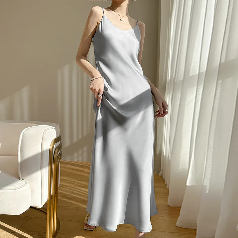 

2023 New Long Satin Sling Dress V-neck Suspender Acetate Dress Luxry Style Party Dress Woman 120cm Long