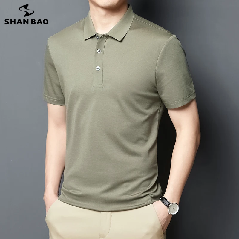 

SHAN BAO Summer Brand Men's Silk Cotton Elastic Lapel Short Sleeve POLO Shirt Business Casual Simple Slim Office Polo Shirt