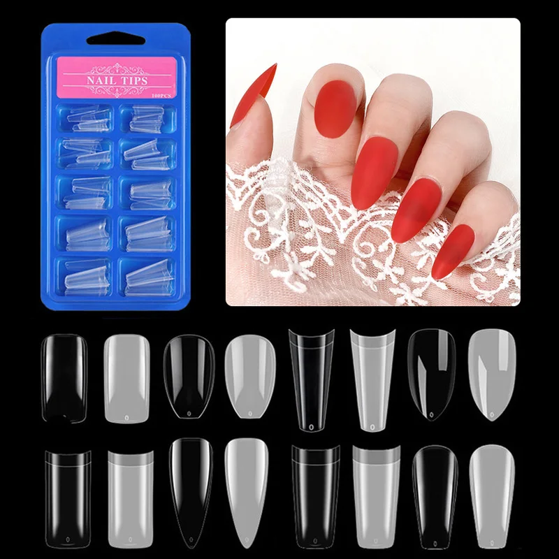 

100PCS Professional False Nail Extension Forms French Acrylic Nail Tips Full Cover Solid Color Pointed False Nails Sets Tools
