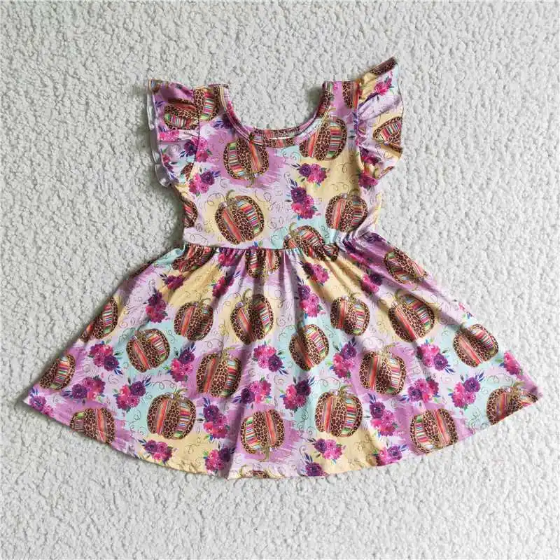 

Baby Girl Pumpkin Fall Toddler Twirl Dress Short Sleeves Flower Leopard Children Cute Clothes Wholesale Kids Infant Thanksgiving