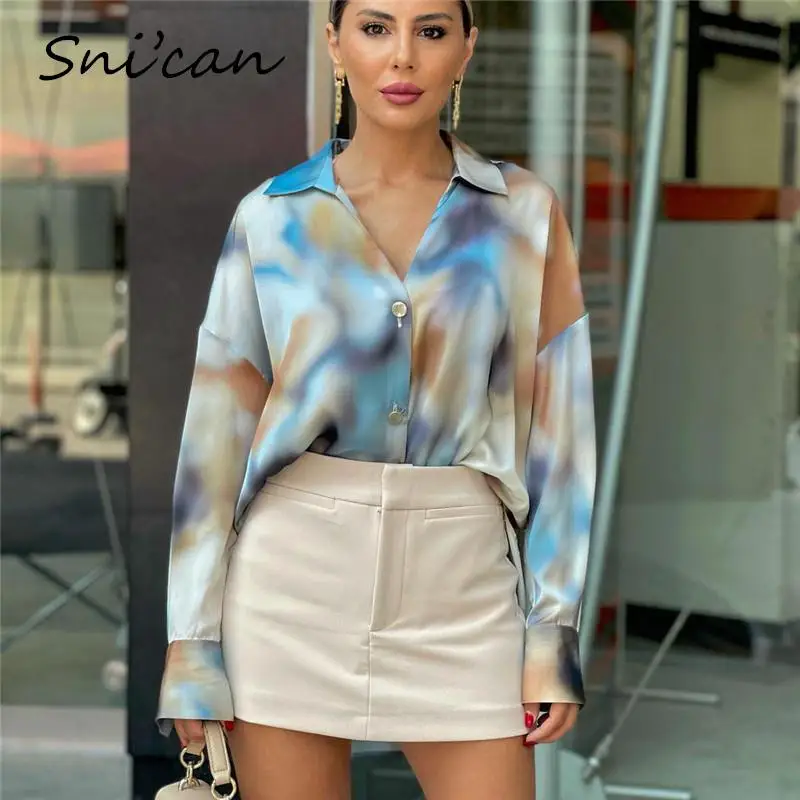 Blue Tie Dye Blouse Women Summer Fashion Loose Oversize Ladies Satin Shirts Chic Tops Femme Chandails Blusas Mujer Outwear 2022