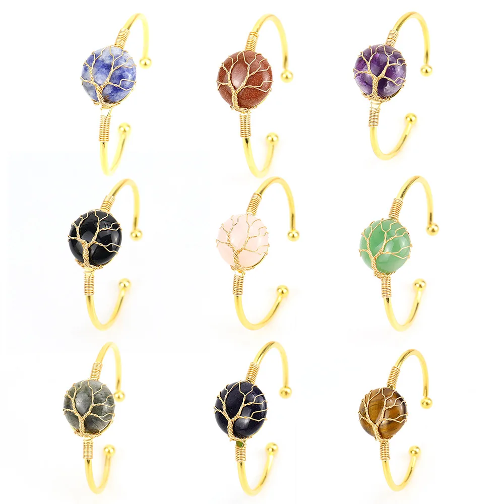 

10pcs Wire Wrap Tree of Life Natural Stone Cuff Bracelet Lapis Opal Rose Quartz White Crystal Open Bangle for Women Jewelry