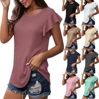 2022 spring and summer new european and american womens wear solid color waffle loose short sleeve round neck ruffle sleeve top