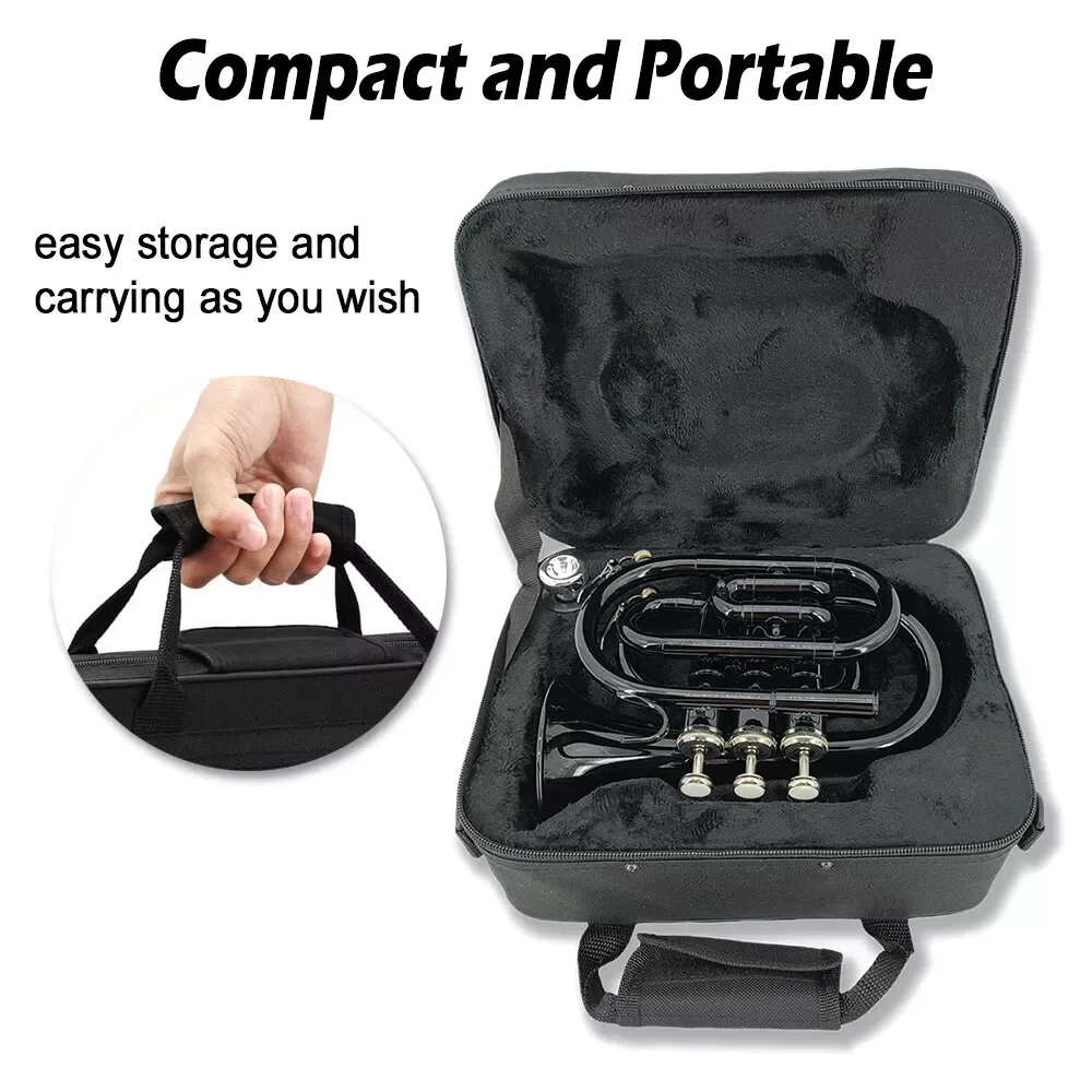 yinfente black Bb Brass Pocket Trumpet with Case Mouthpiece Cleaning Cloth Gift Kit Nice