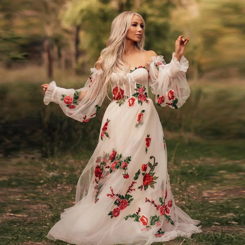 

Платье-корсет женское длинное с цветочным принтом, Тюлевое платье с длинным рукавом, с разрезом сбоку, бальное платье для выпускного вечера