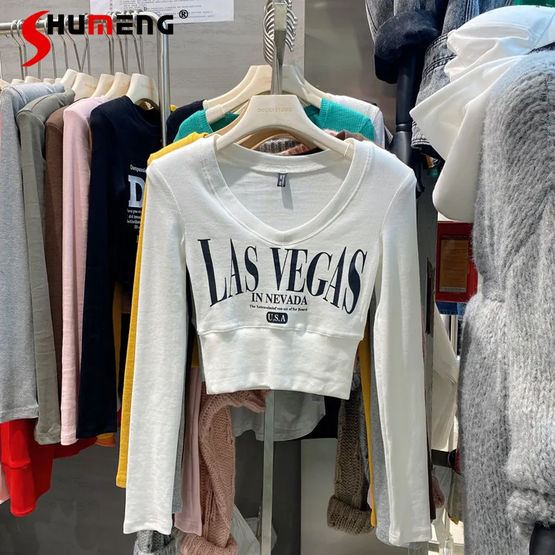 

Free Shipping Letter Print V Neck T Shirt for Women Slim Exposed Navel Knit Long Sleeve Tee Top V-Neck Loose Casual Streetwear
