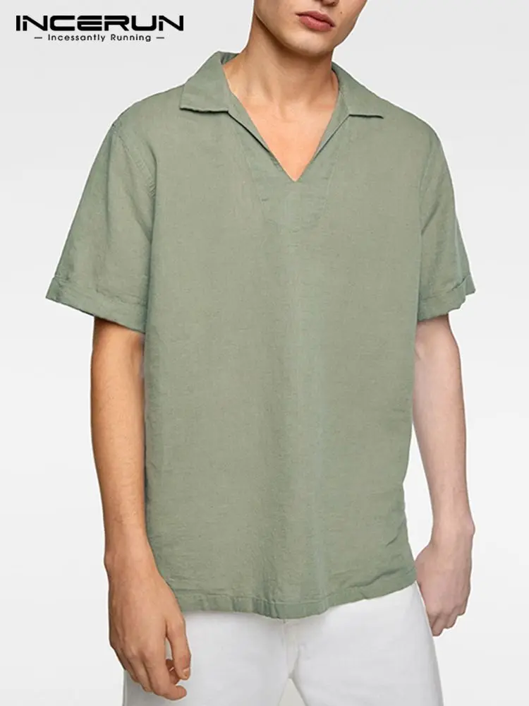 

INCERUN Solid Color Men Shirt Lapel Loose Casual Vintage Camisas Short Sleeve Cotton Summer Streetwear Leisure Men Clothing 2022