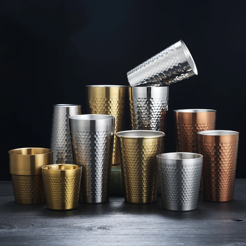 

2023 Double-Wall Keep Cold Beer Cup 304 Stainless Steel Mug Hammered Texture Water Mugs Coffee Travel Mug Anti-scalding