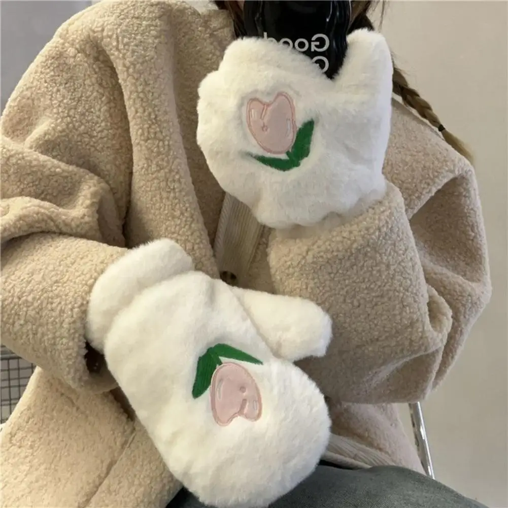 

1 Pair Women Autumn Winter Plush Gloves Cute Embroidery Tulip Flower Pattern Thickened Coldproof Halter Warm Mittens