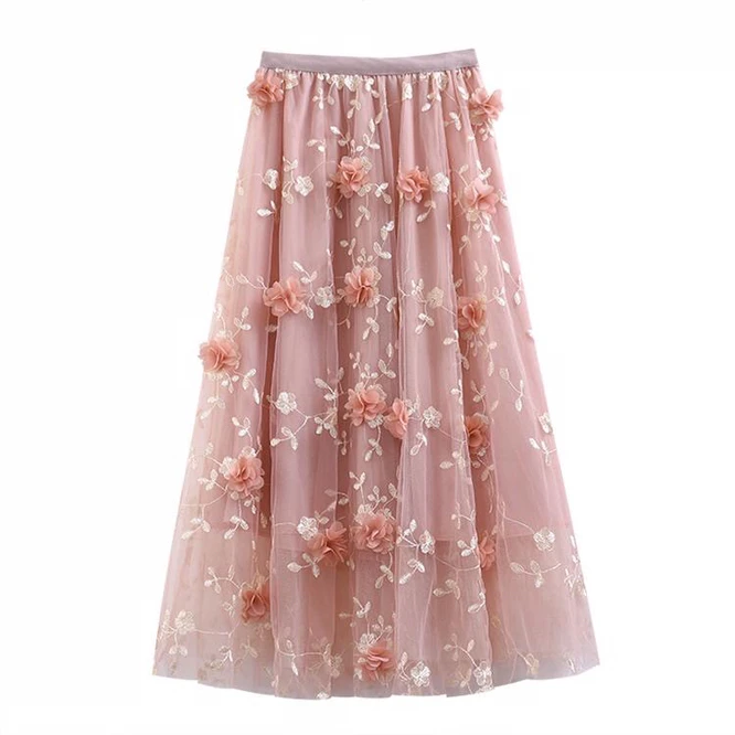 Luxury Woman Skirts 2021 Korean style Fashion Elastic Waist Appliques Embroidery Floral Mesh Skirt Long Gauze Ball Gown Pink