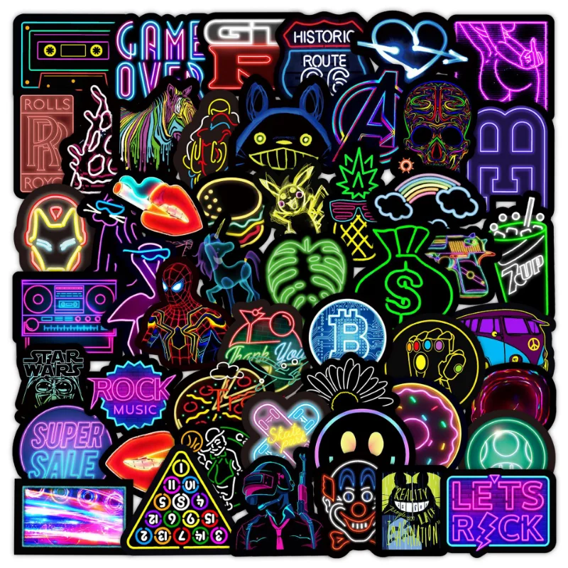 

10/25/50pcs Cartoon Neon Light Graffiti Stickers for DIY Travel Luggage Bottle Phone Laptop Guitar Scrapbook Car Motorcycle