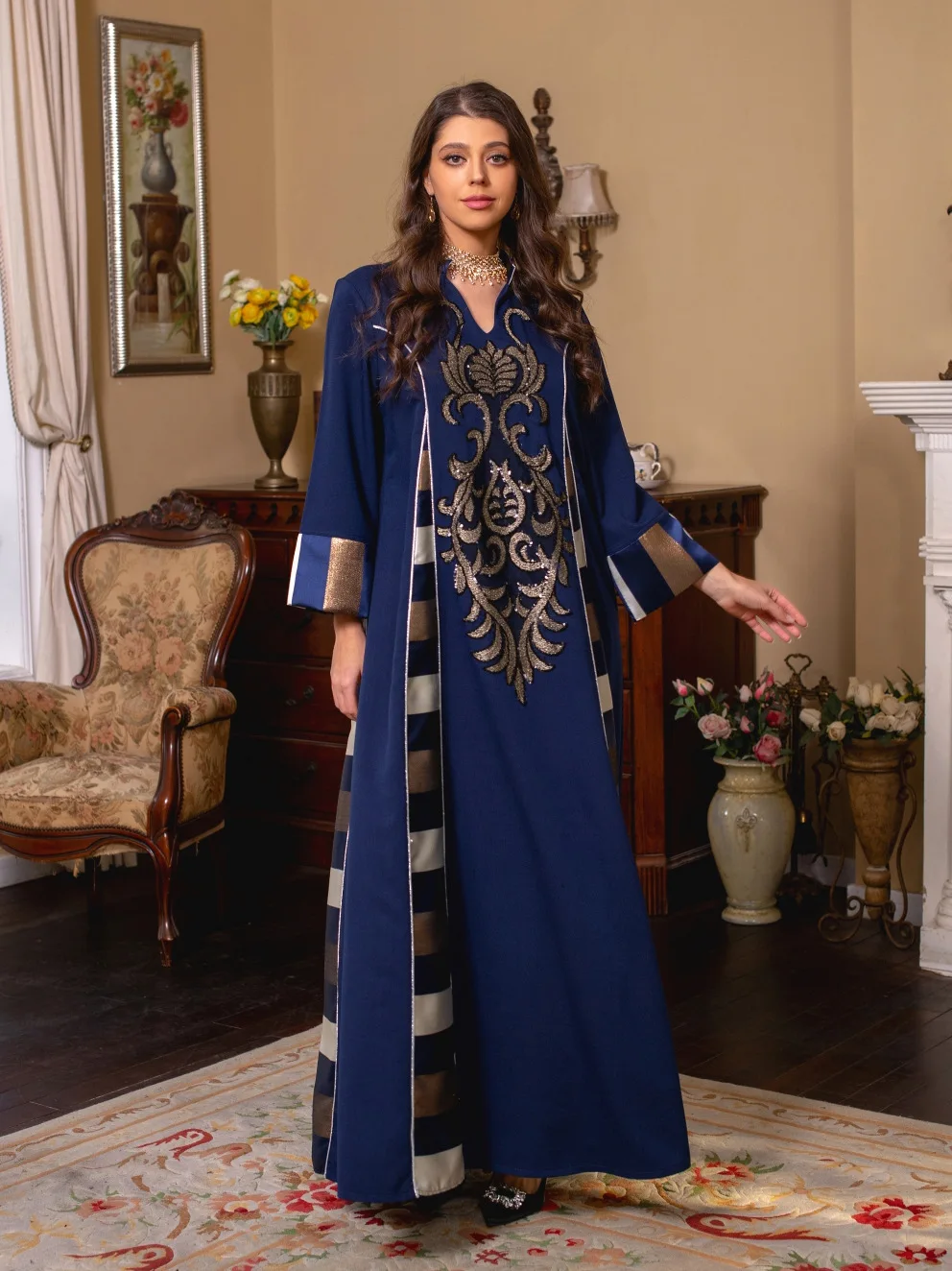 New Middle Eastern Women's Dress Beaded Embroidered Panels Print Striped Robe Abaya Muslim Maxi Dress Evening Dresses