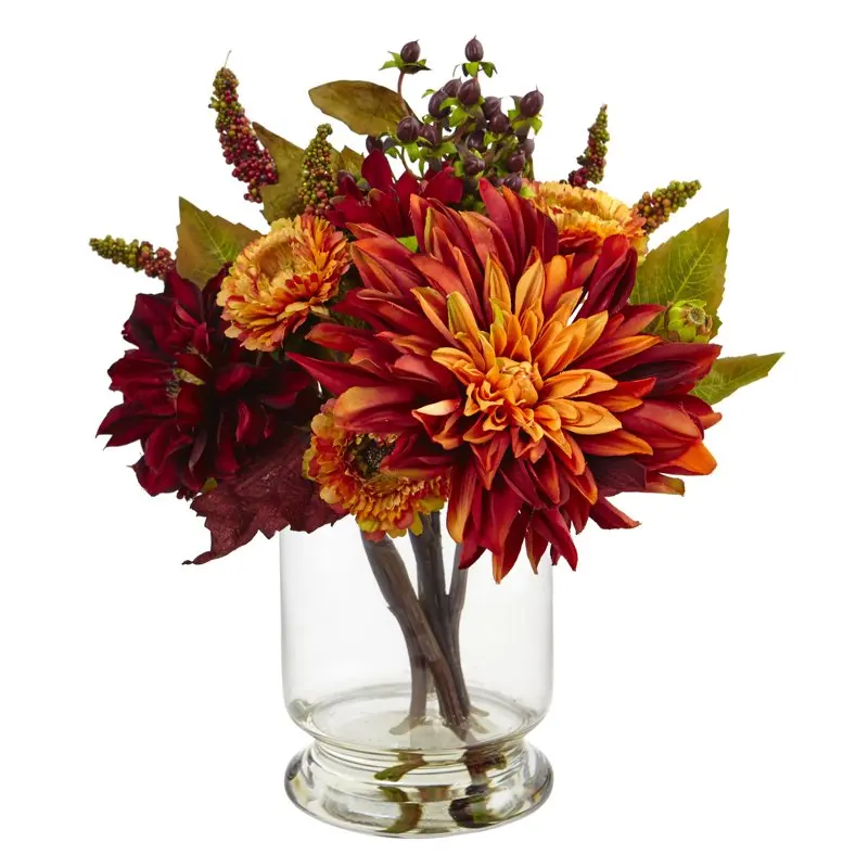 Dahlia & Mum Artificial Flower Arrangement with Vase, Orange