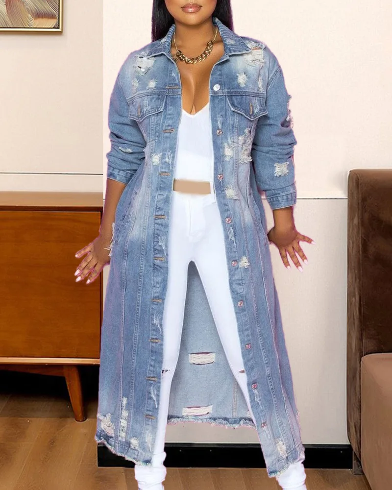 

Women's Ripped Long-sleeved Denim Trench Coat Cardigan Denim Cape Female Casual Commuter Jacket Spring and Autumn 2022 Fashion