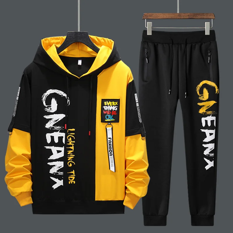 

New Men Tracksuits 2 Piecs Sweat Suits Mens Patcwork Printin Sweatsirts Sweatpants Sets Student usband Sports Clotin
