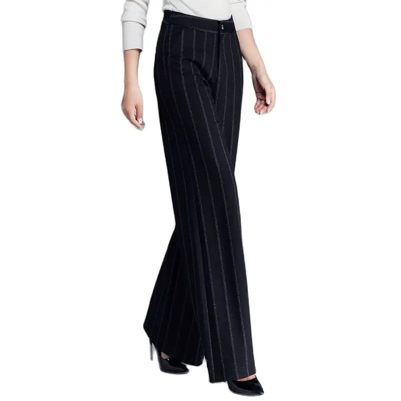 European American Style Women Fashion Striped Pants High Waist Zipper Wide Leg Trousers For Autumn Winter Thick  Brand