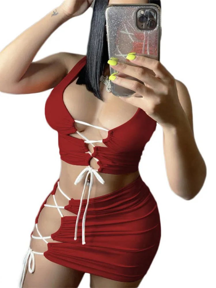 

Sexy Hollow Out Lace-Up Vest Mini Skirt Two-Piece Sexy Stitching Drawstring Dress Women's Slim Summer Backless Bodycon Clothing
