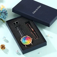simple new womens watch set rainbow dial exquisite bracelet leather strap campus style quartz watches gift box for girlfriend