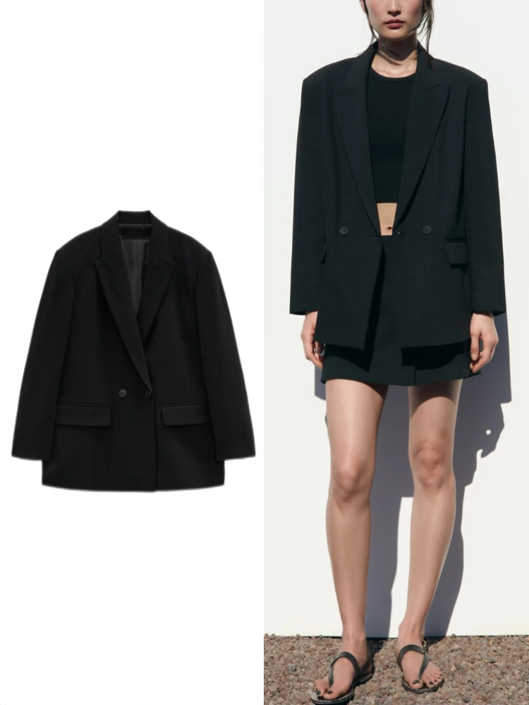 

ZBZA женский новый модный двубортный свободный крой блейзер пальто винтажный с длинным рукавом и карманами женская верхняя одежда шикарный ...
