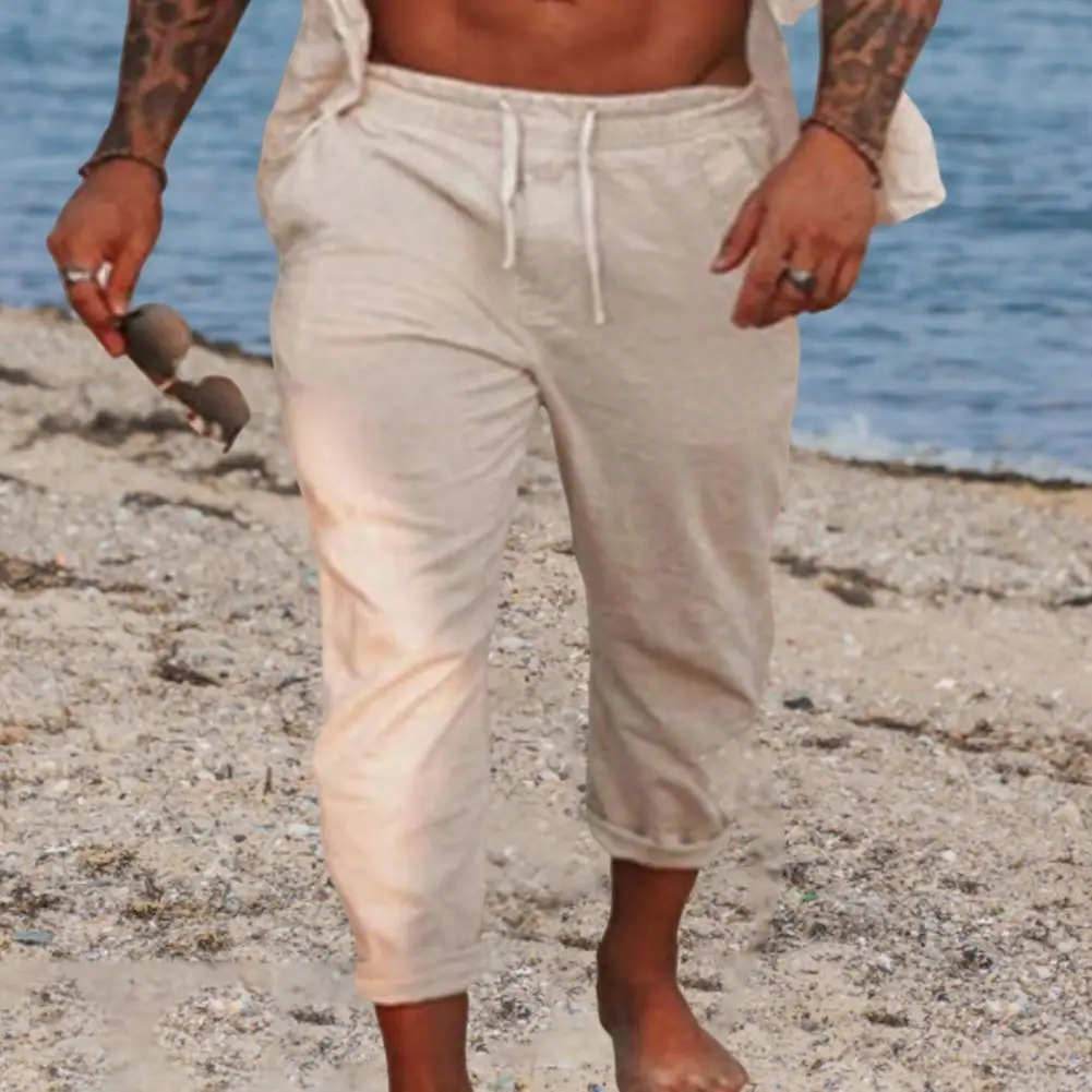 

Solid Color Men Pants Elastic Waist Drawstring Men Sweatpants Loose Straight Beach Trousers Lace-up Mid Waist Trousers Pants