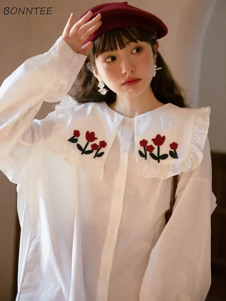 

Женские мешковатые рубашки в стиле преппи, винтажные универсальные рубашки с милой вышивкой и матросским воротником, воздухопроницаемые весенние популярные студенческие рубашки во французском стиле, Лидер продаж