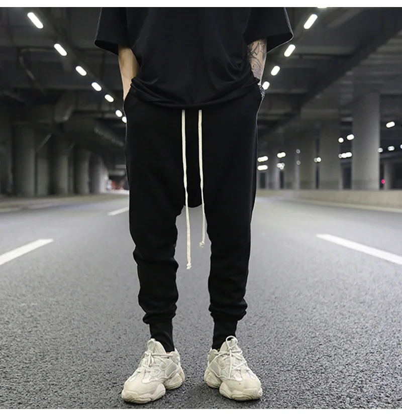 

Men's Low-Grade Dark Style Classic Full Matching Crotch Tights Fashion The Same Terry Cotton Black Casual Pants