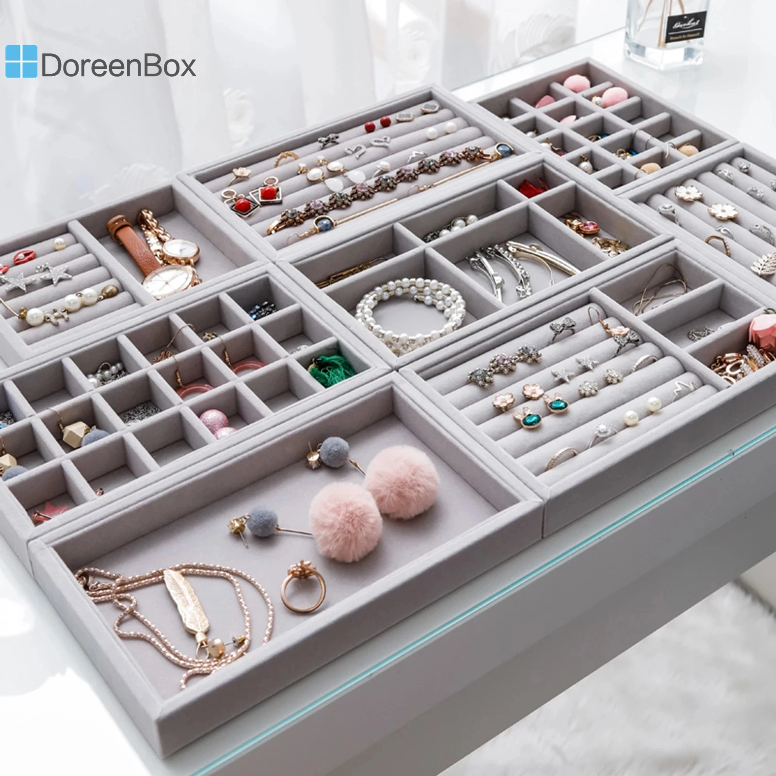 Velvet Jewelry Displays Rectangle Multicolor Jewelry Display Organizer Box Tray Holder Earring Storage Case Showcase 21x12cm,1PC